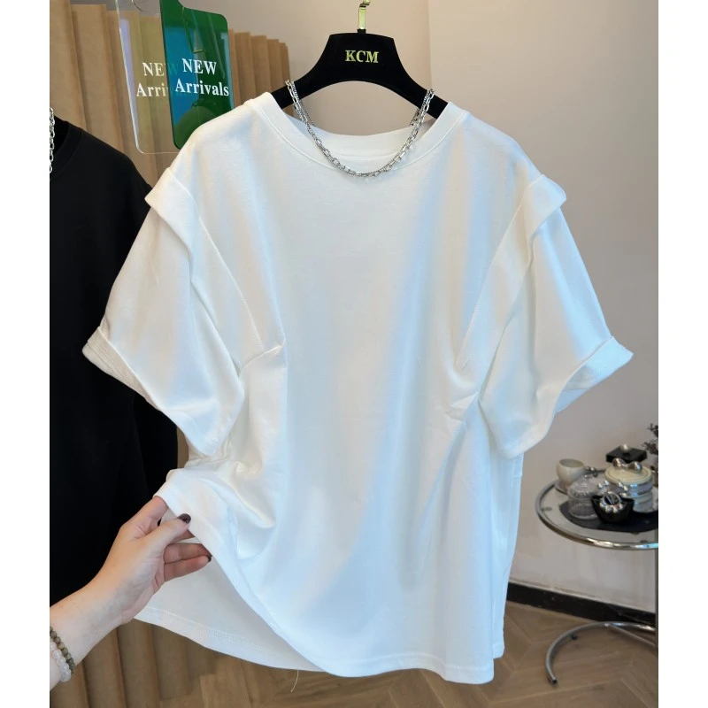 2025夏季新款女不规则褶皱宽松纯色内搭打底衫拼接短袖T恤上衣