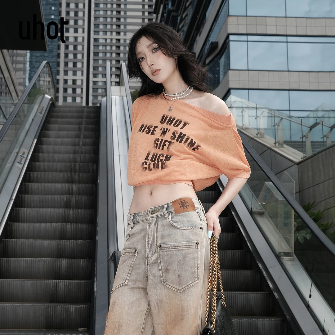 UHOT 红色/橘色不对称斜肩针织衫女显瘦性感25夏季新款UWWR3Z683M