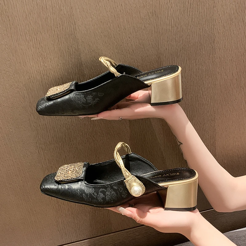 夏季2025新款国风新中式一字带粗跟凉拖女外穿包头凉鞋穆勒鞋凉拖