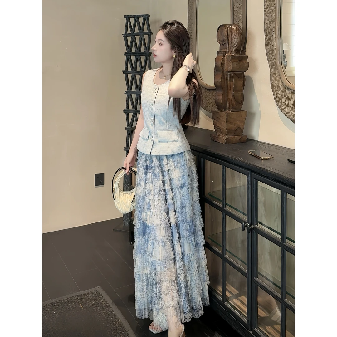 【QIANA】薰衣草 春夏气质雾蓝网纱半身裙Qian03