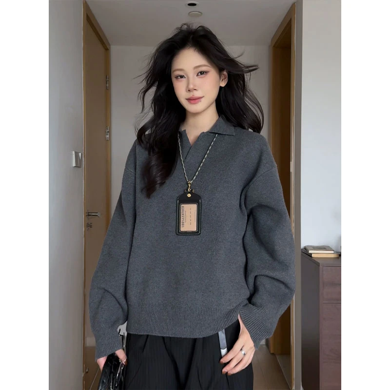 老钱风polo领针织衫男女款秋季长袖灰色V领毛衣慵懒风松弛感穿搭