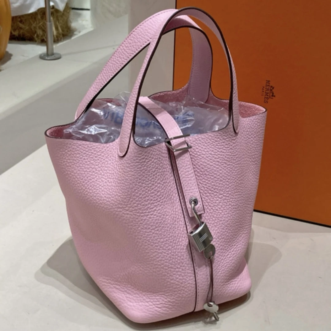 95新 Hermes/爱马仕 菜篮子18 樱花粉 银扣 tc K/110824