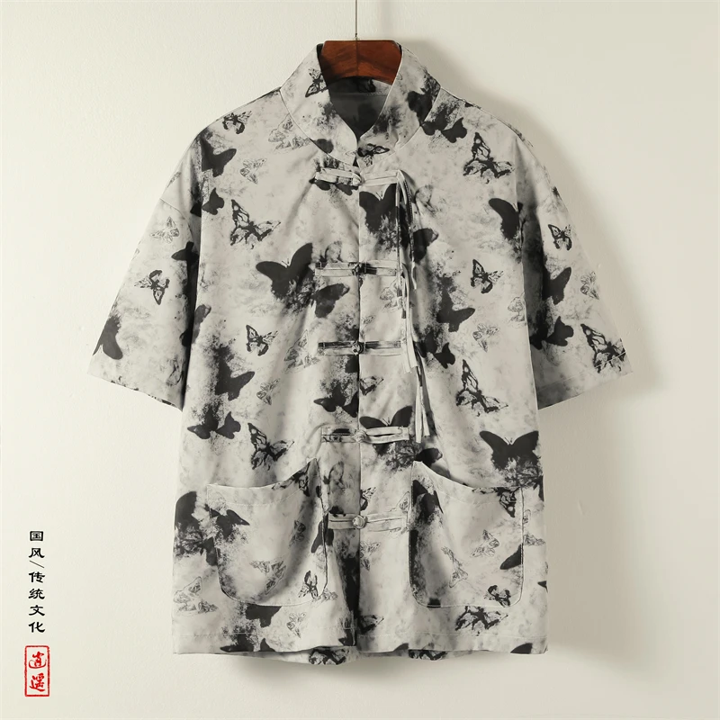 新中式汉服外套男士中国风蝴蝶扎染短袖衬衫大码宽松盘扣唐装衬衣