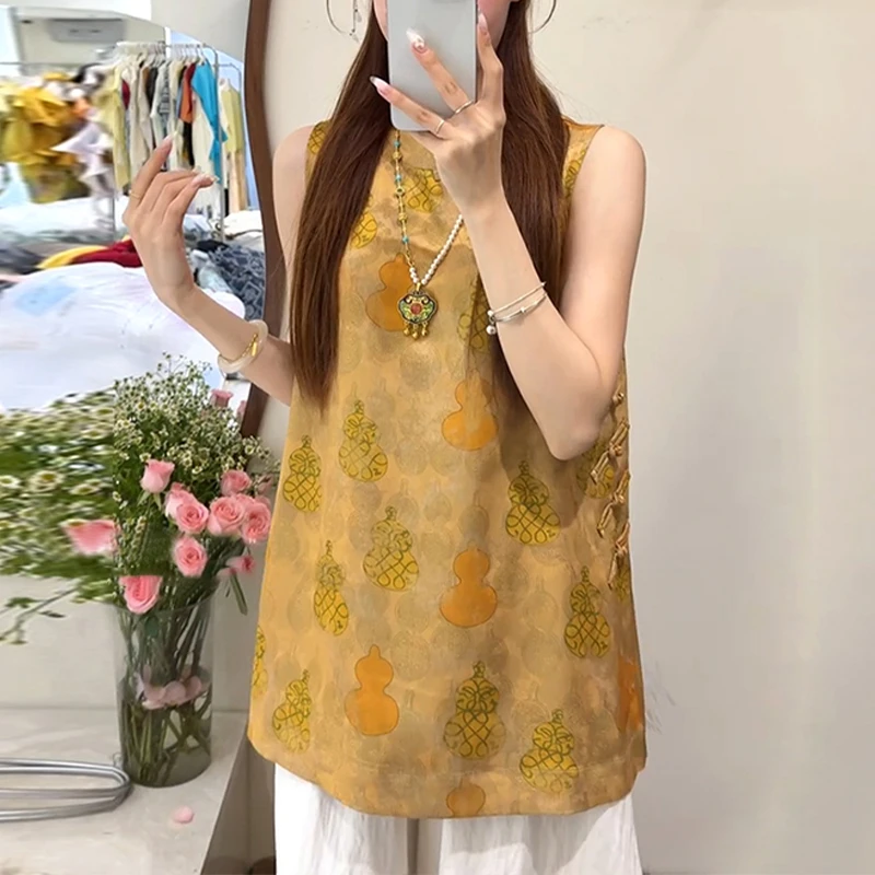 新中式国风斜襟盘扣无袖衬衫新款高级时尚百搭黄色宝葫芦印花上衣