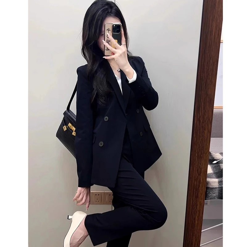 藏青色西装套装女修身正装气质大学生教资面试高端西服外套工作服