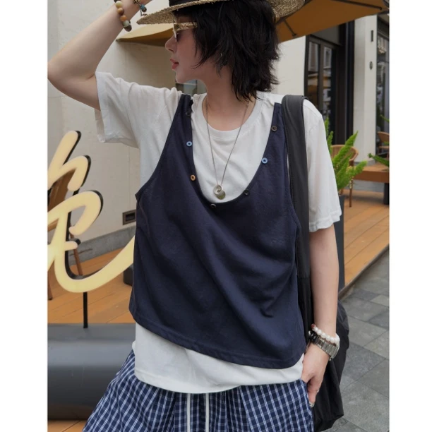 HY罗罗拼接背心真两件合一夏季韩版T恤通勤设计感时尚百搭气质