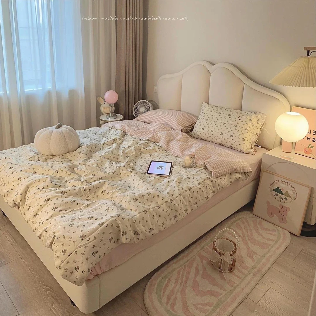 蝴蝶公主床奶油风真皮床主卧1米8双人床女生软包床婚床法式