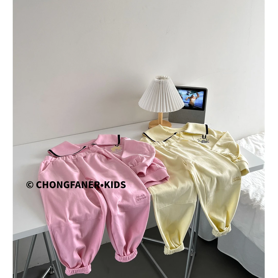 A67韩国出口童装春季女童翻领运动休闲薄款运动套装120-155码