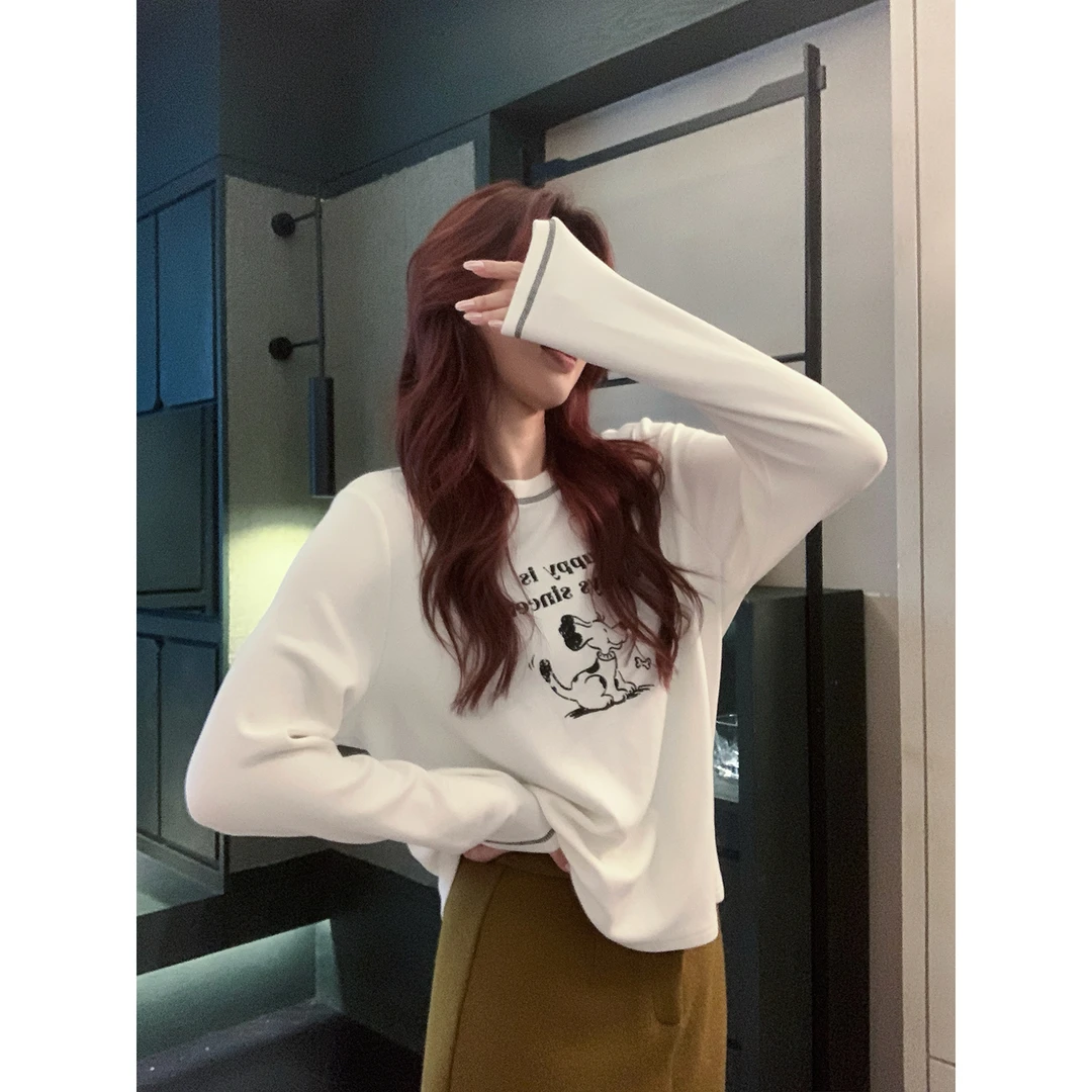 甜辣多多【快乐小狗】磨毛打底衫女2025秋冬植绒字母印花圆领上衣女