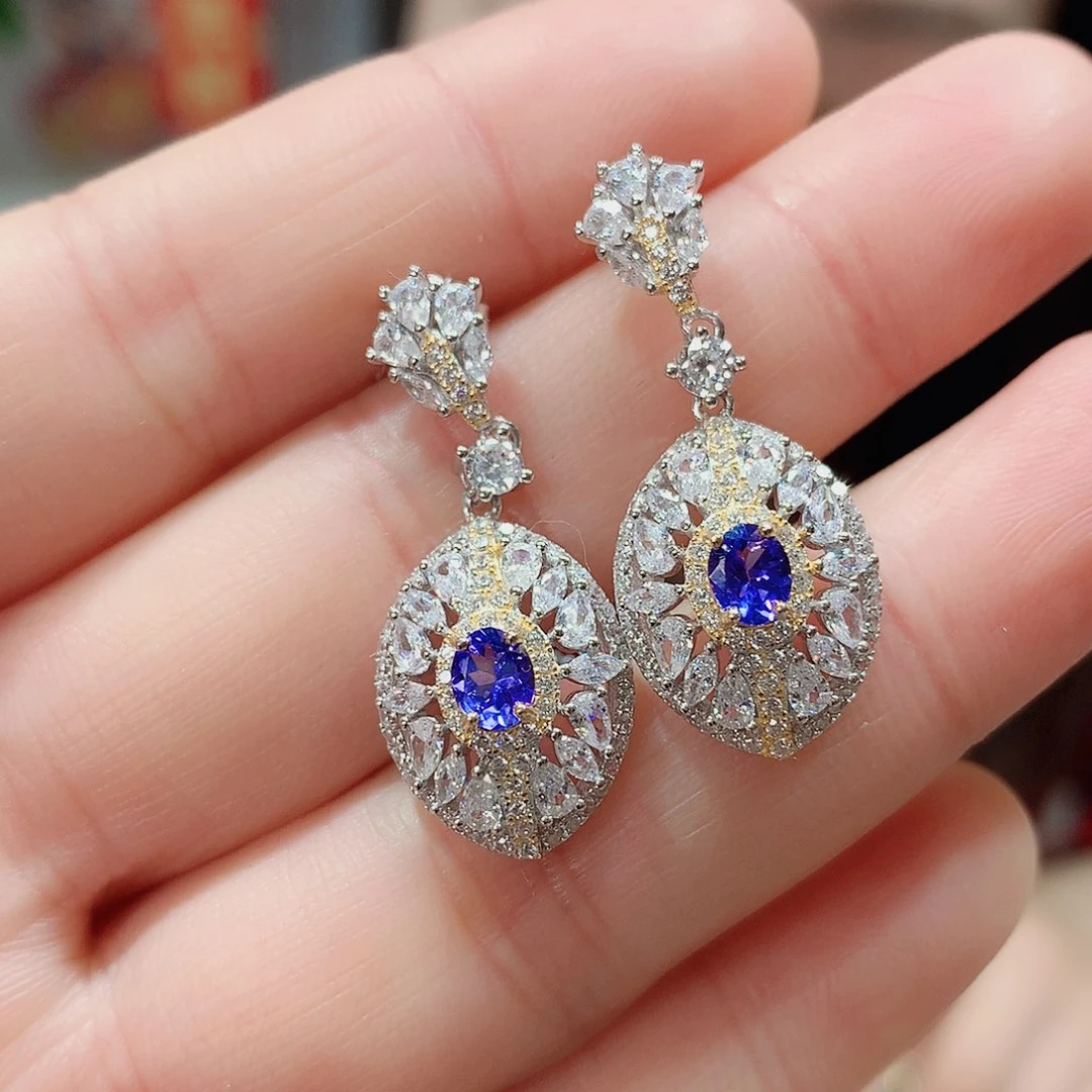 坦桑石耳饰银S925镶嵌