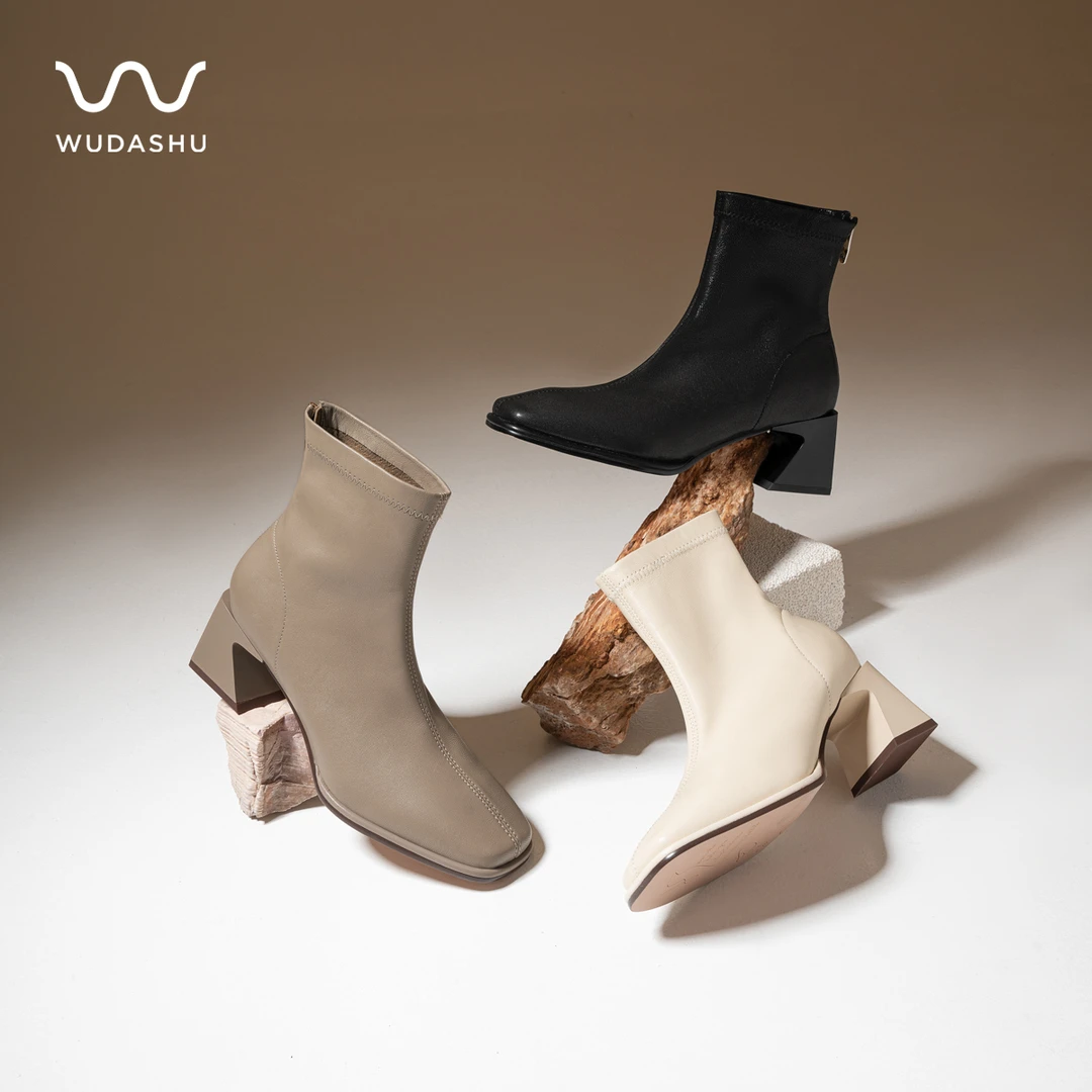 吴大叔红云鞋方头粗跟弹力瘦瘦靴女秋冬小羊皮踝靴大码短靴Z302