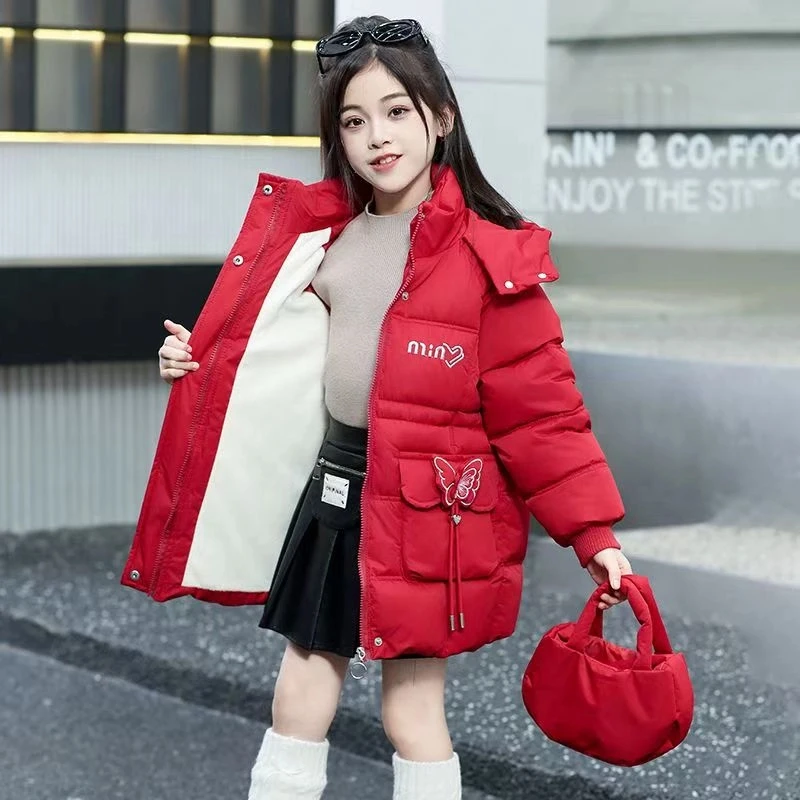 加绒韩版中长款中大童冬季童装时尚冬装外套洋气棉衣圆领保暖蝴蝶