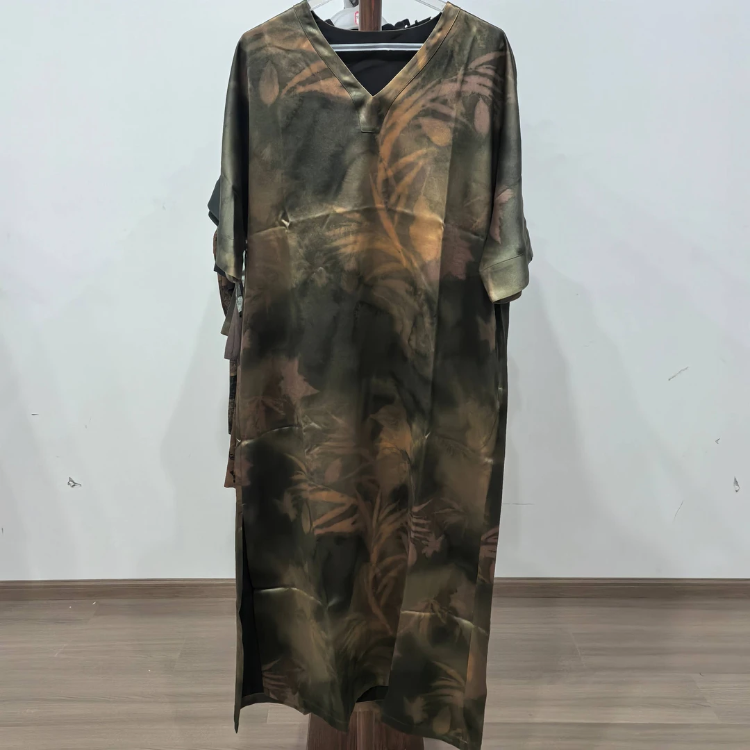 【QC573】香云纱长款百搭春夏提花新中式复古休闲连衣裙