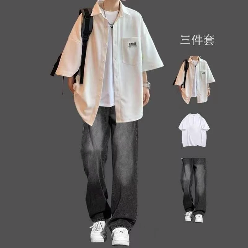 华夫格衬衣男士夏季套装短袖衬衫外套搭配牛仔裤青少年帅气三件套