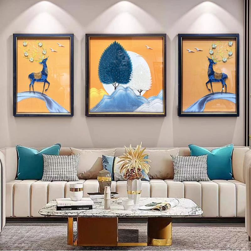 [喜宅家艺]Q48客厅装饰画简约轻奢立体实物三联画沙发背景双鹿画