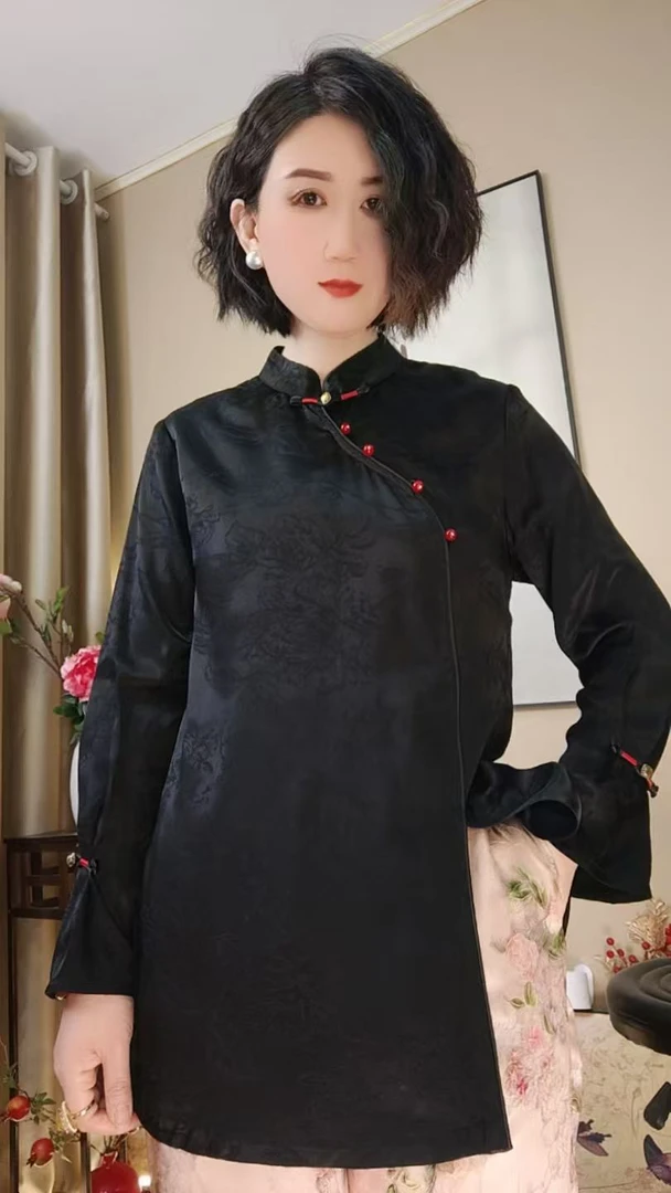 春夏新中式黑色长袖中长款上衣