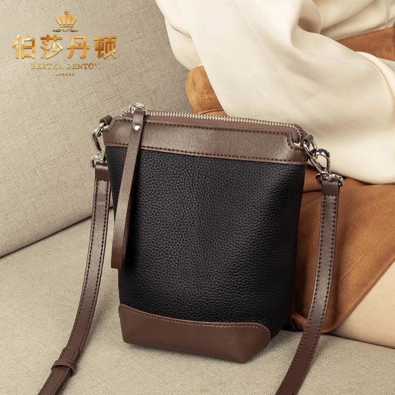 伯莎丹顿复古单肩斜挎包包女包水桶新款潮真皮手机包女士包包爆款
