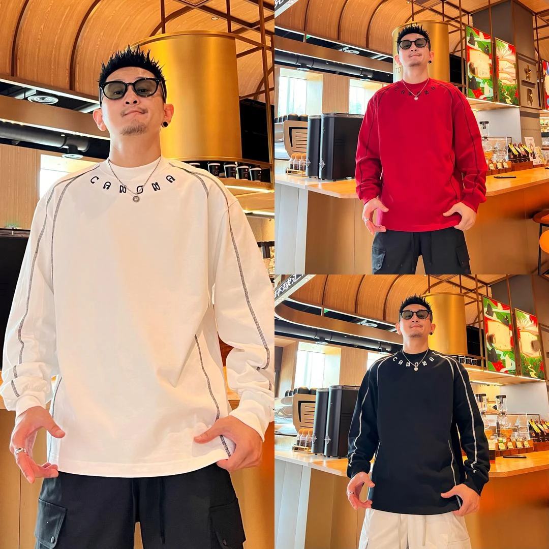 美式潮流时尚休闲撞色字母刺绣明线设计感小众棉质舒适长袖T恤