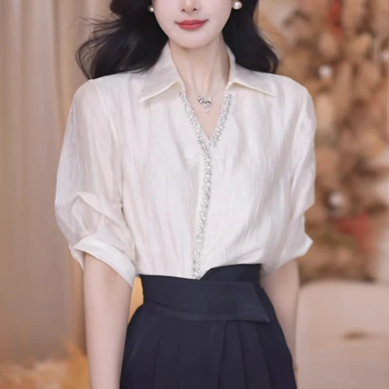 法式V领衬衫女2025夏季新款高级感洋气减龄宽松显瘦重工烫钻上衣