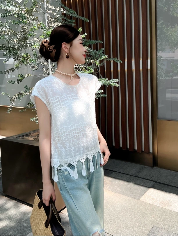 【华夫格】国风气质小香风时尚高端百搭白色流苏春夏短袖T恤衫