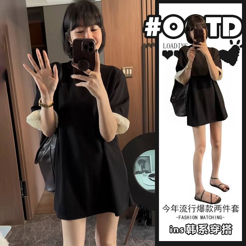 今年流行漂亮拼接短袖连衣裙女夏季新款多巴胺甜妹风黑色显瘦短裙