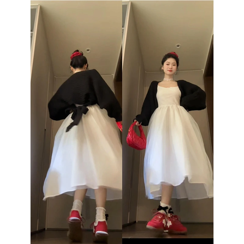 【现货】早秋温柔穿搭女2025新款慵懒绑带针织开衫上衣吊带裙两件套