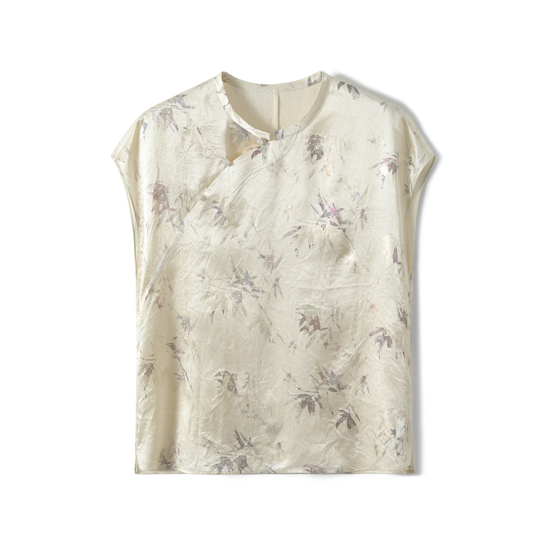 【九月木兮】浮金墨竹国风伊斯曼醋酸缎面印花烫金小衫S81761XYAMG