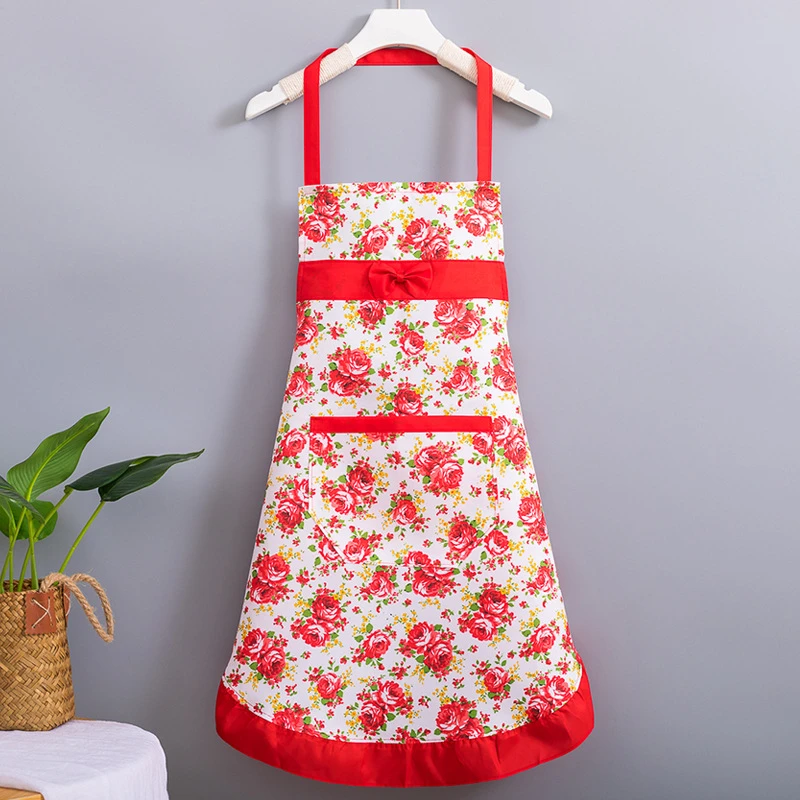 食堂加长围裙夏季薄款布料围腰女防油厨房做饭田园透气紫色玫瑰