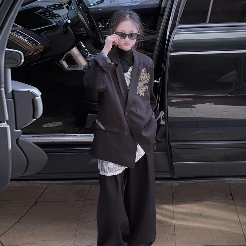 女童2025春秋西装儿童复古新中式刺绣玫瑰斜襟双排扣休闲西服外套