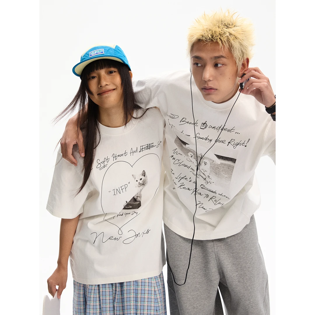 江南先生春夏宽松情侣款新款百搭T恤复古小猫小狗印花短袖JN52L03