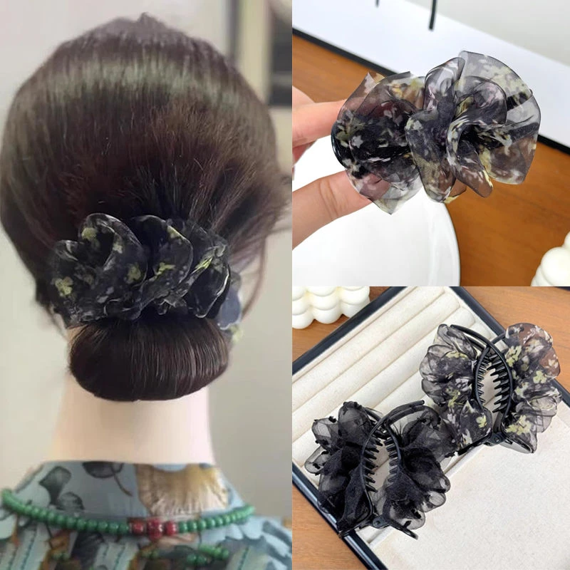 丸子头抓夹2025新款夏季后脑勺盘发器高级感发夹褶皱碎花优雅发饰