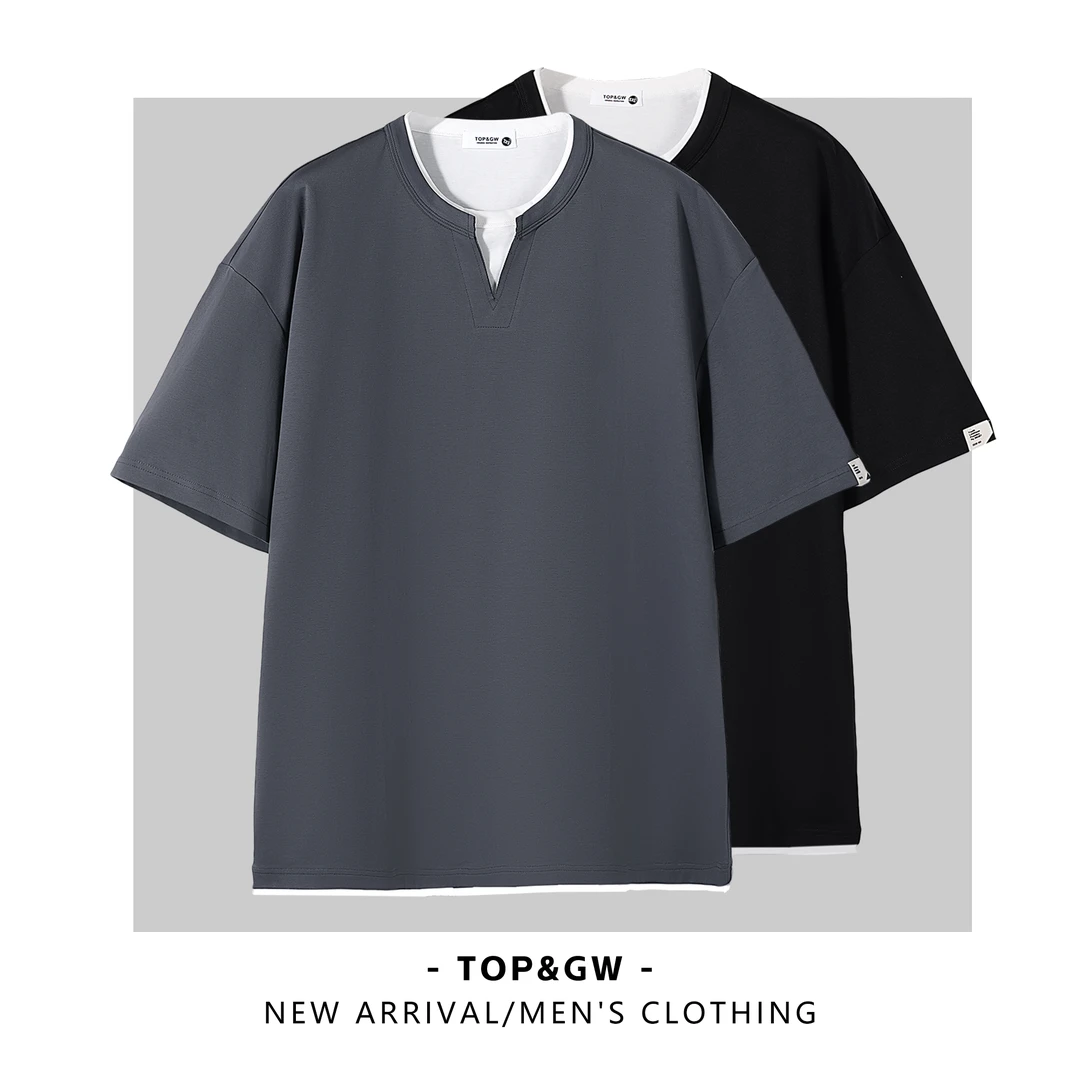 男士潮牌休闲上衣假两件美式时尚短袖夏季宽松百搭圆领8506