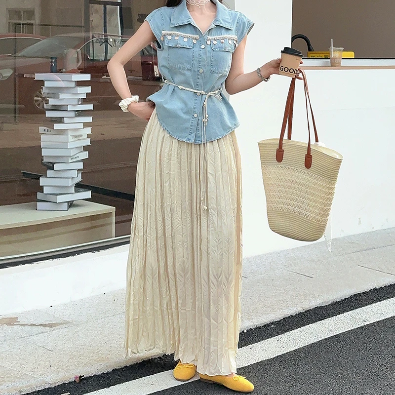 拉夏贝尔韩系高级感翻领系带牛仔小衫女压褶显瘦百搭半身裙两件套