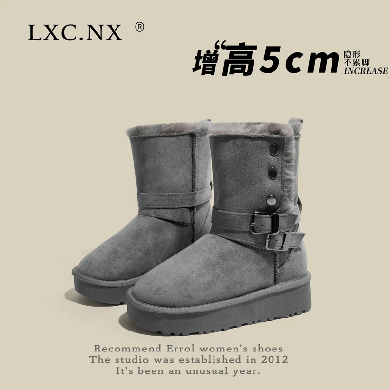 2025冬季新款时尚简约户外雪地靴厚底短靴女加绒加厚真皮保暖棉鞋