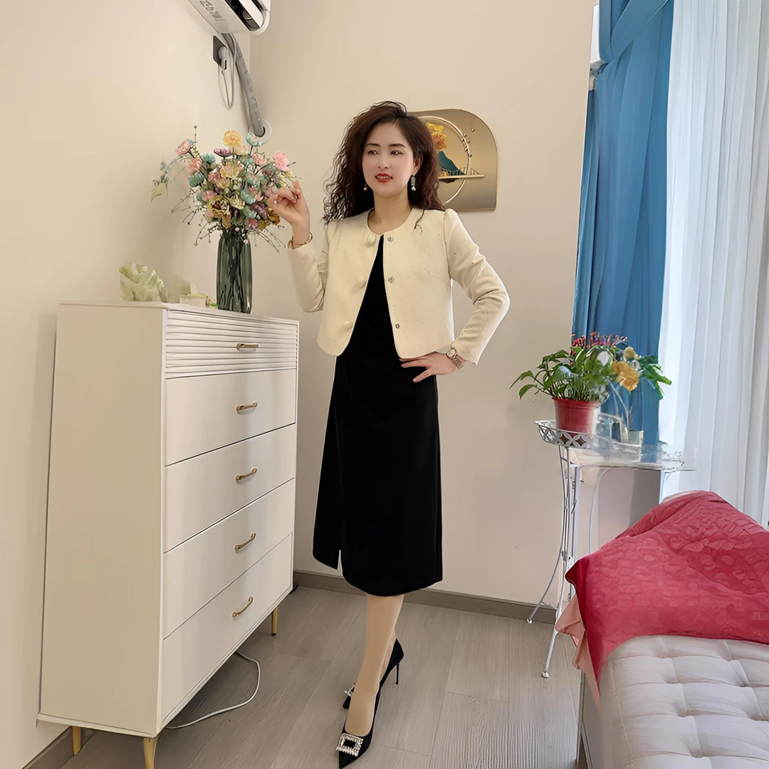 2538女装春款通勤风连衣裙套装单排扣短外套搭吊带撞色两件套