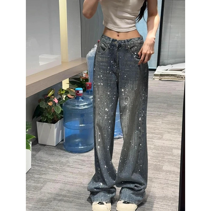 设计感满天星亮钻牛仔裤女2025秋季新款街头做旧闪闪阔腿拖地裤子