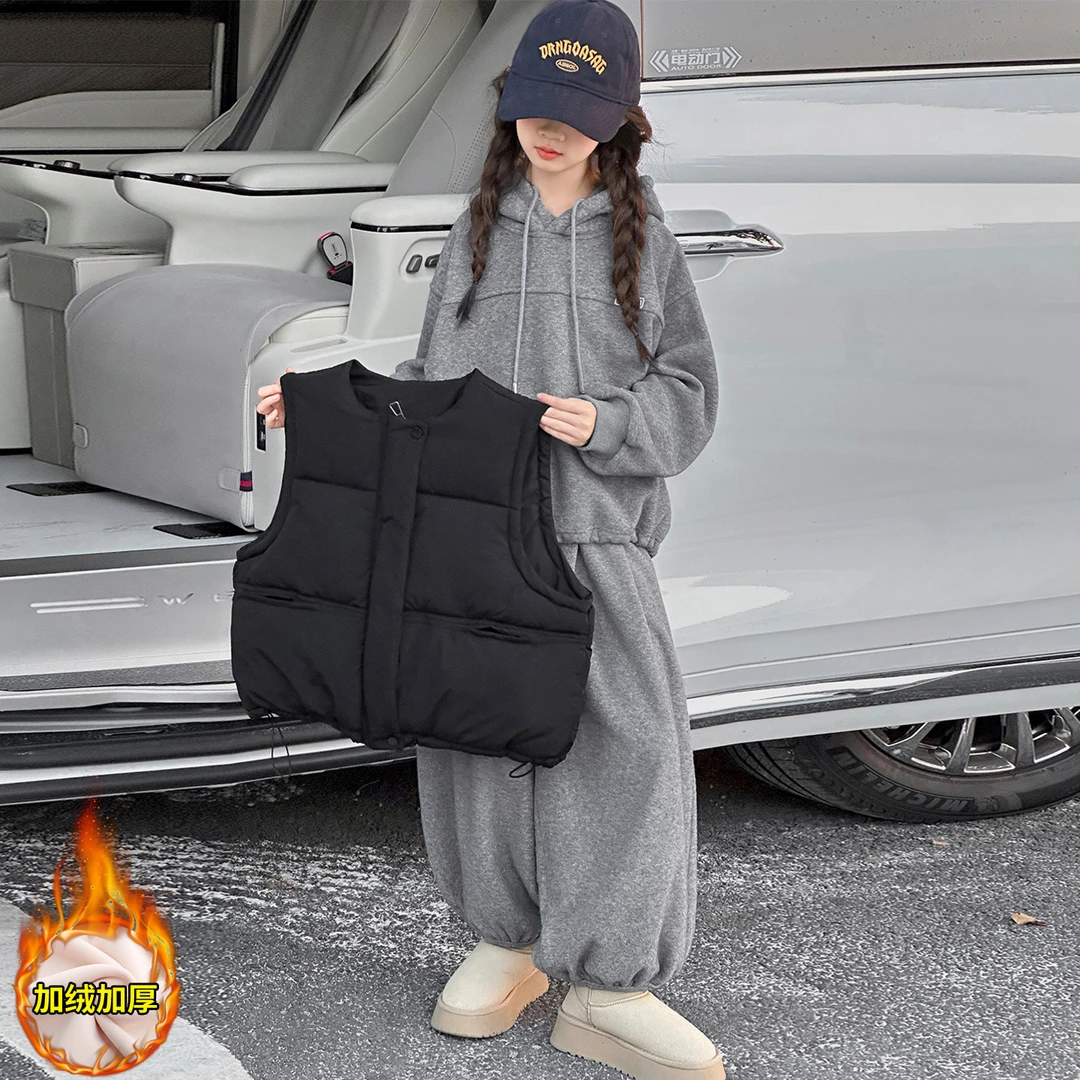 女童套装秋冬装2024新款儿童时髦加绒加厚冬季大童马甲卫衣三件套