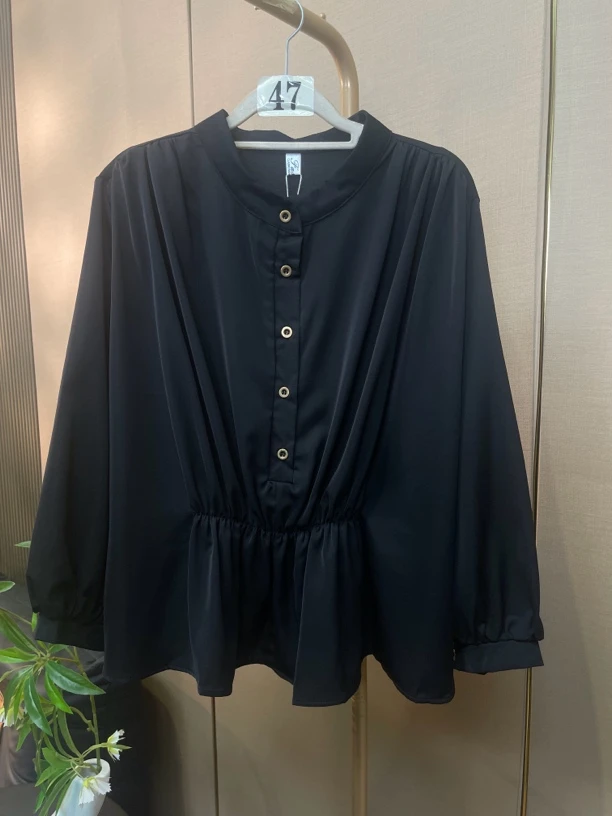 47-黑色铜氨丝锻褶皱春夏季衬衫荷叶边