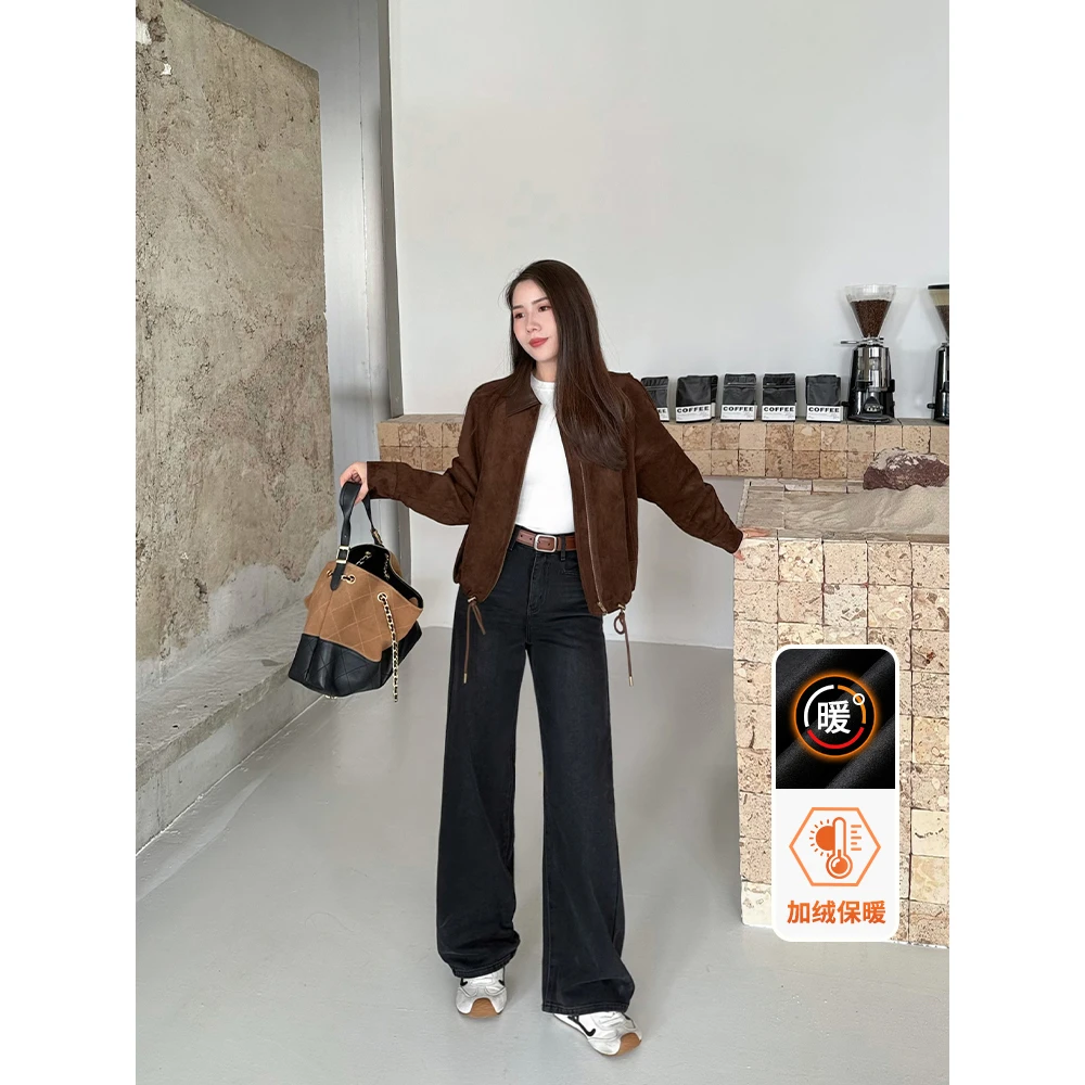missrococo/洛可可小姐2025冬季新款加绒加厚中高腰直筒牛仔裤女