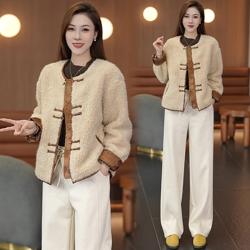 新中式国风羊羔毛短款外套女冬季新款宽松洋气加厚保暖毛毛上衣潮