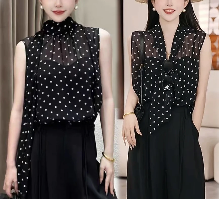 【前后2穿】V领法式高级感飘带立领无袖衬衫女夏季新款设计感上衣