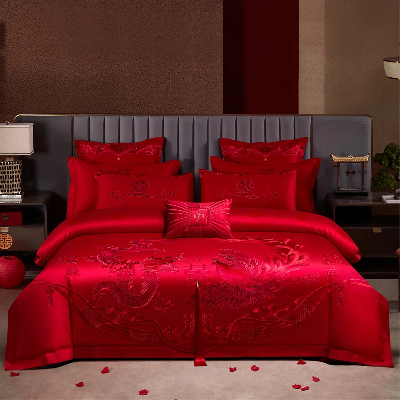 2025年新款双面长绒棉高端新中式龙凤大红色红色四件套床品结婚