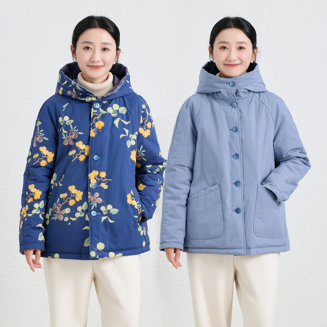 静香~双面穿/十木米原创百分百高密长绒棉印花连帽加厚棉服短外套