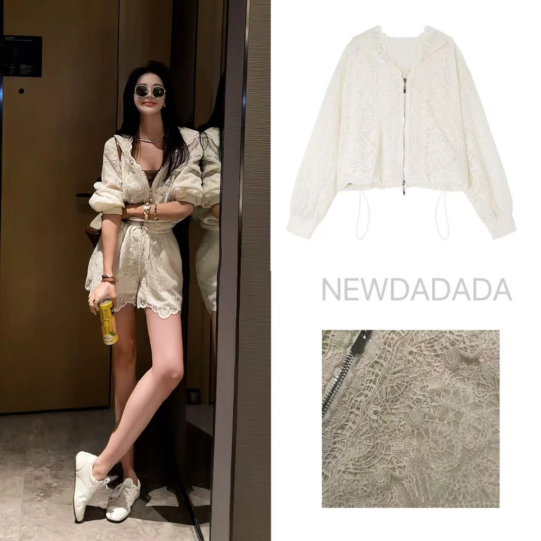 利达NEWDADAD蕾丝帽防晒外套薄款夏法式宽松上衣短裤两件套SDK998