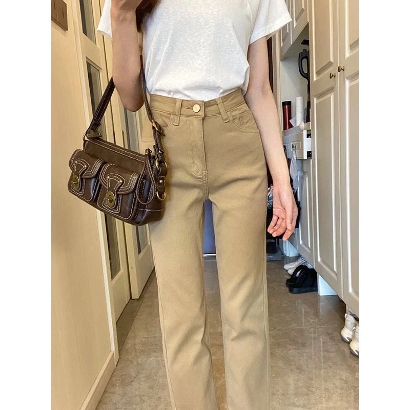 01时尚卡其色高腰直筒牛仔裤女显瘦弹力休闲百搭小个子九分裤