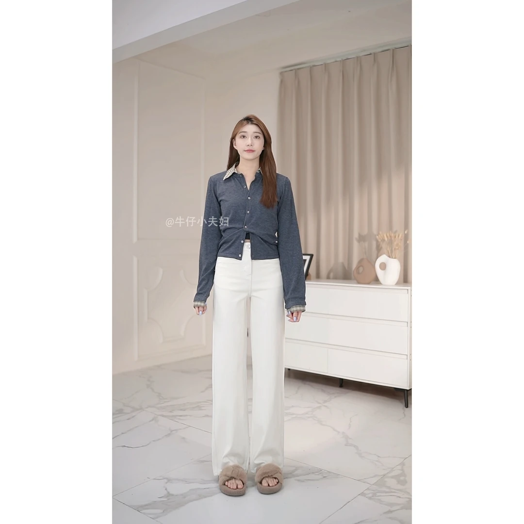 牛仔小夫妇-暖米白-春秋款-高定窄版直筒微阔腿裤-不臃肿超遮肉