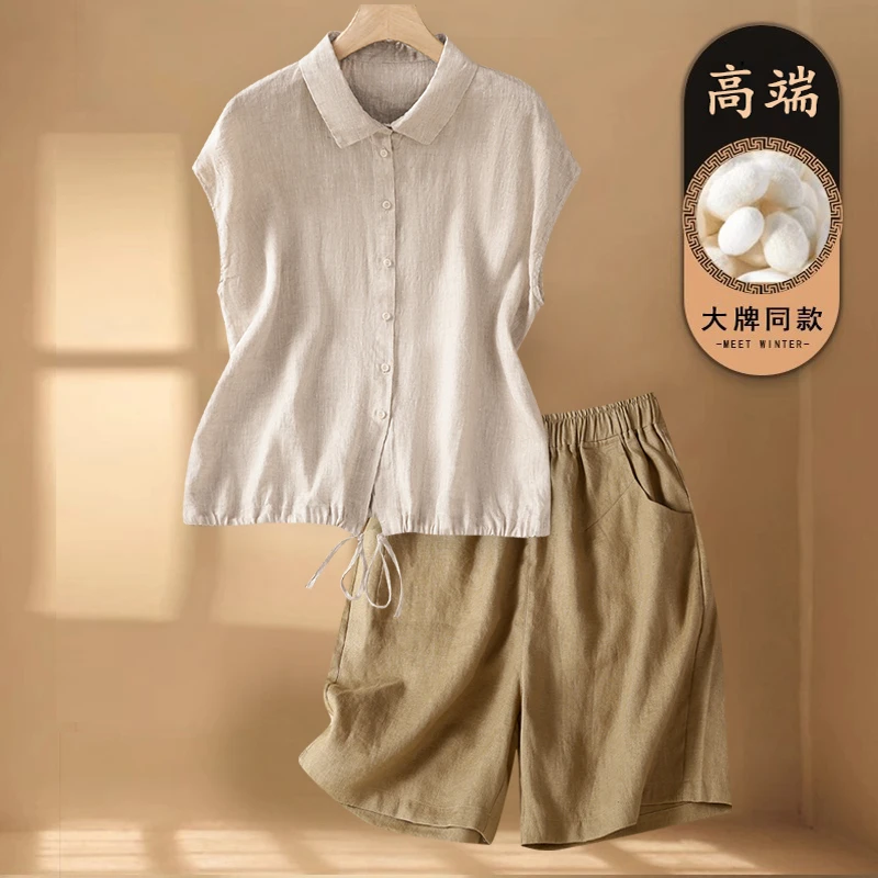 高端洋气苎麻无袖衬衫套装女夏季大码时尚减龄亚麻阔腿短裤两件套