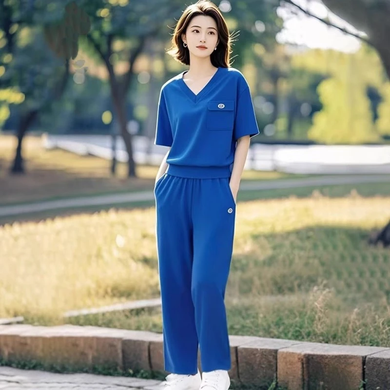 2025年新款外穿夏季新款高级感撞色深蓝色显白显瘦休闲两件套装