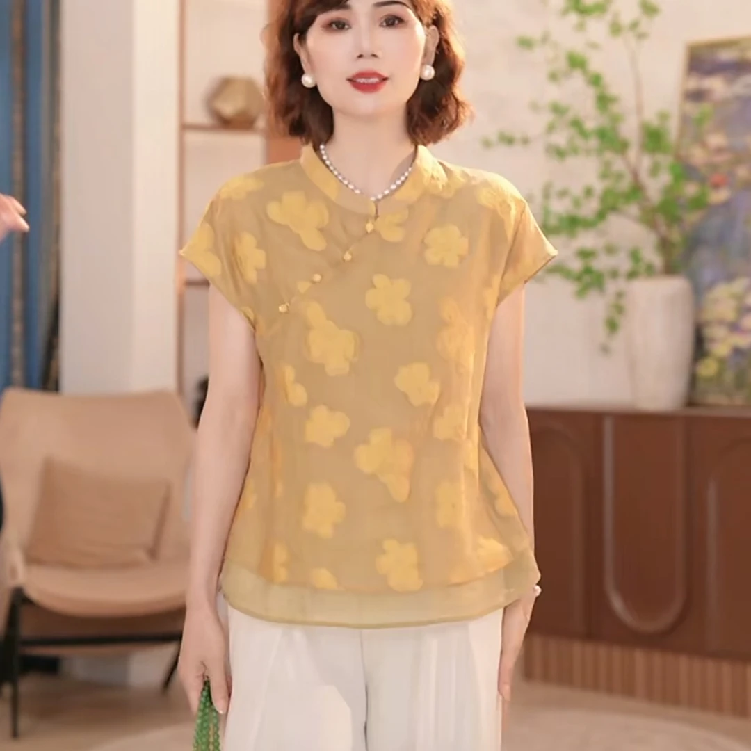 时尚中老年女装新中式气质休闲复古旗袍领T恤宽松百搭妈妈装
