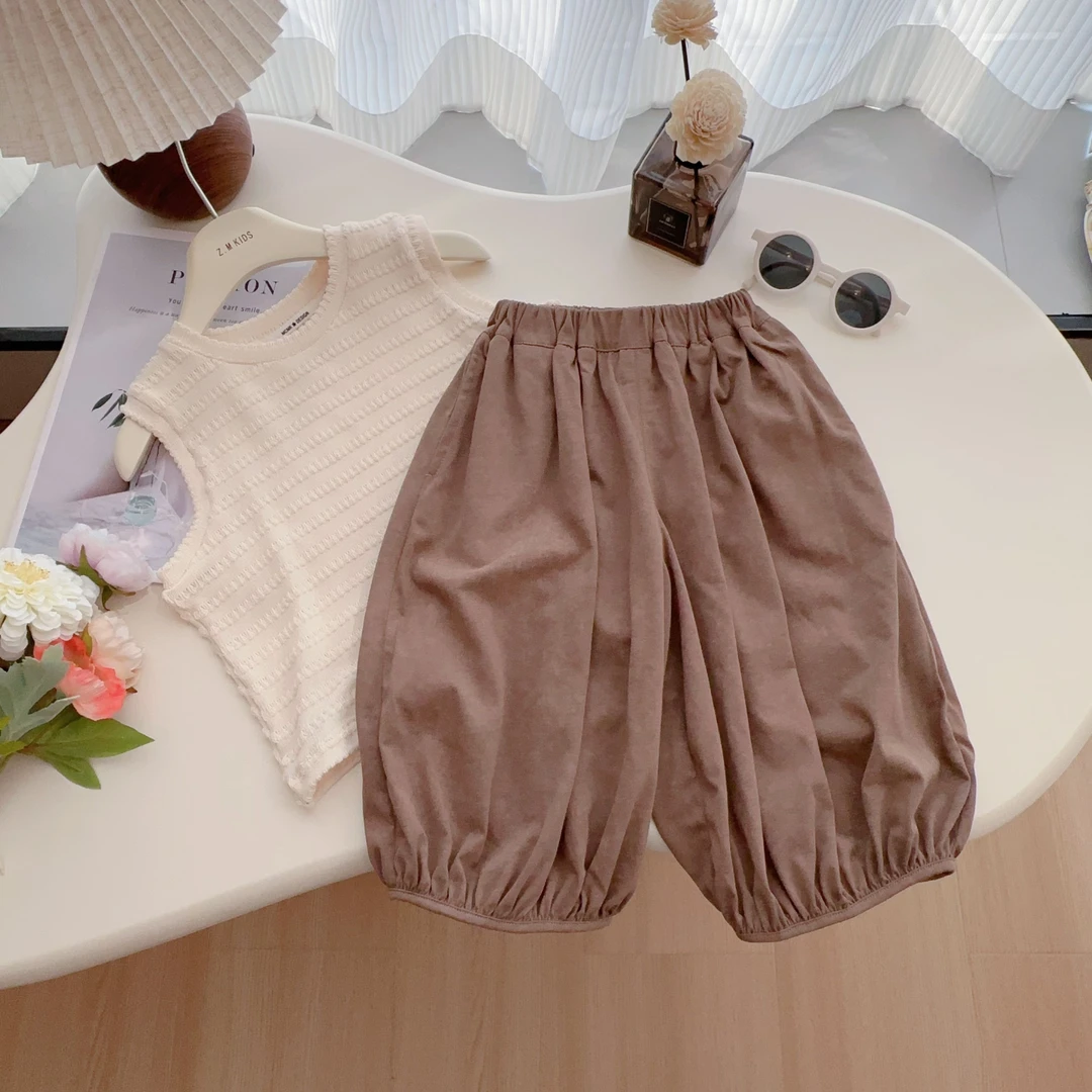 2025夏季新款韩版波浪纹短袖七分灯笼裤H-19469女童两件套
